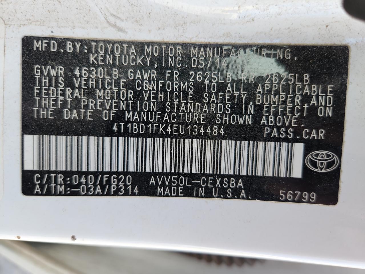 2014 Toyota Camry Hybrid VIN: 4T1BD1FK4EU134484 Lot: 70752425