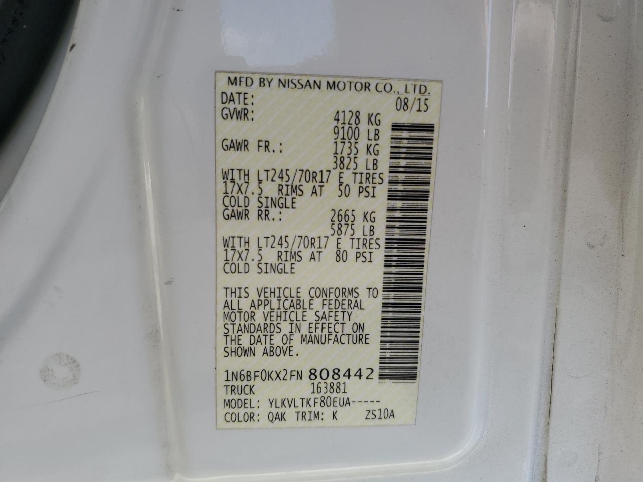 2015 Nissan Nv 1500 VIN: 1N6BF0KX2FN808442 Lot: 81235945