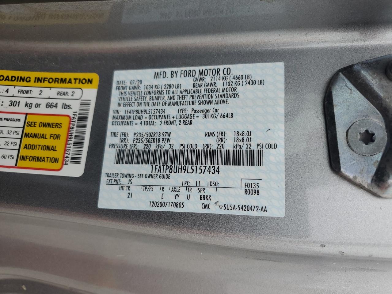 2020 Ford Mustang VIN: 1FATP8UH9L5157434 Lot: 72012535