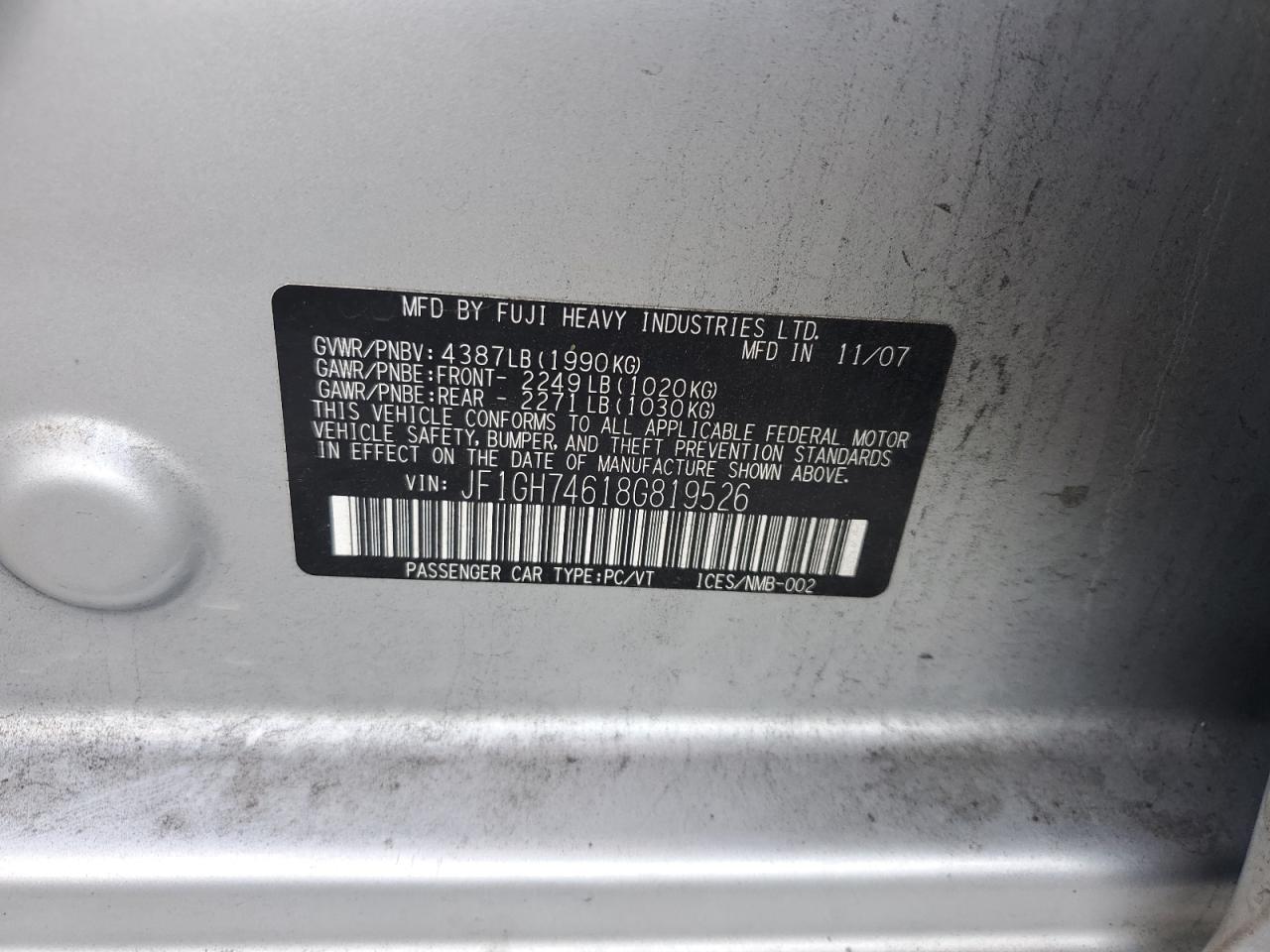 2008 Subaru Impreza Wrx VIN: JF1GH74618G819526 Lot: 81873095