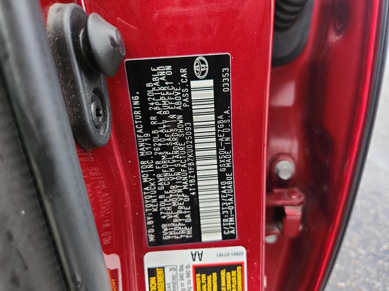 2019 Toyota Avalon Xle VIN: 4T1BZ1FB7KU025093 Lot: 81787515