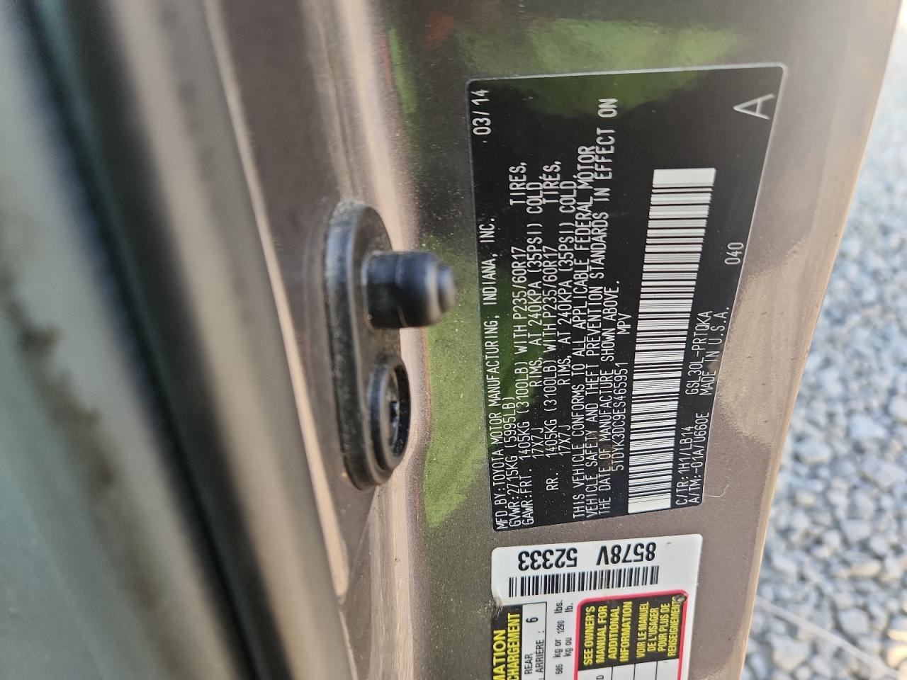 2014 Toyota Sienna Xle VIN: 5TDYK3DC9ES465951 Lot: 82076345