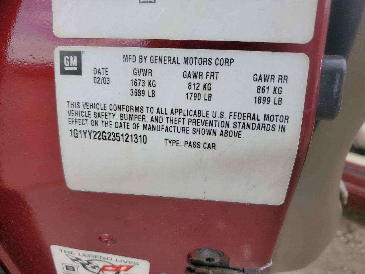 2003 Chevrolet Corvette VIN: 1G1YY22G235121310 Lot: 81831475