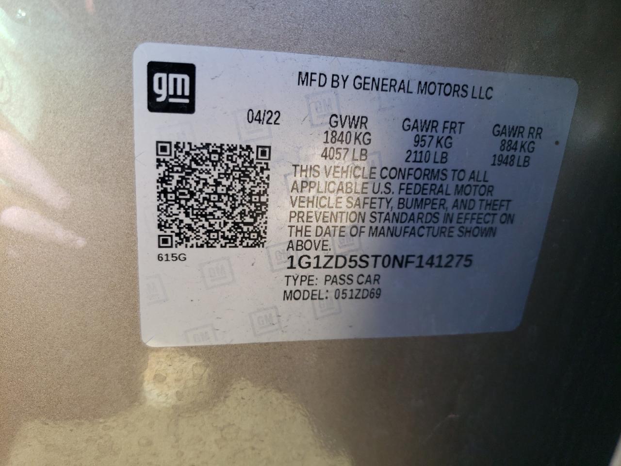 2022 Chevrolet Malibu Lt VIN: 1G1ZD5ST0NF141275 Lot: 84280405