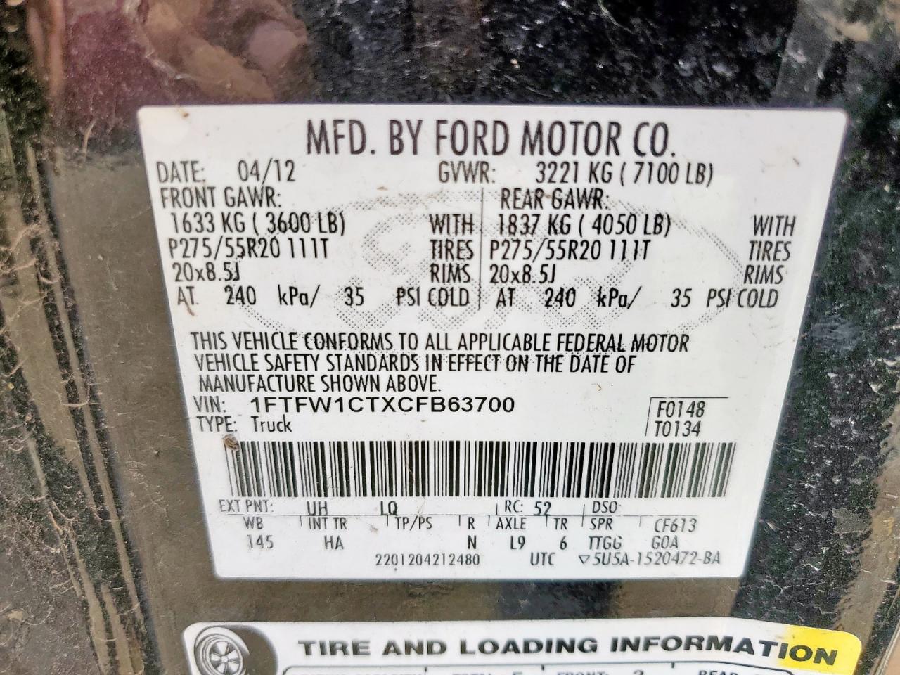 2012 Ford F150 Supercrew VIN: 1FTFW1CTXCFB63700 Lot: 81697795