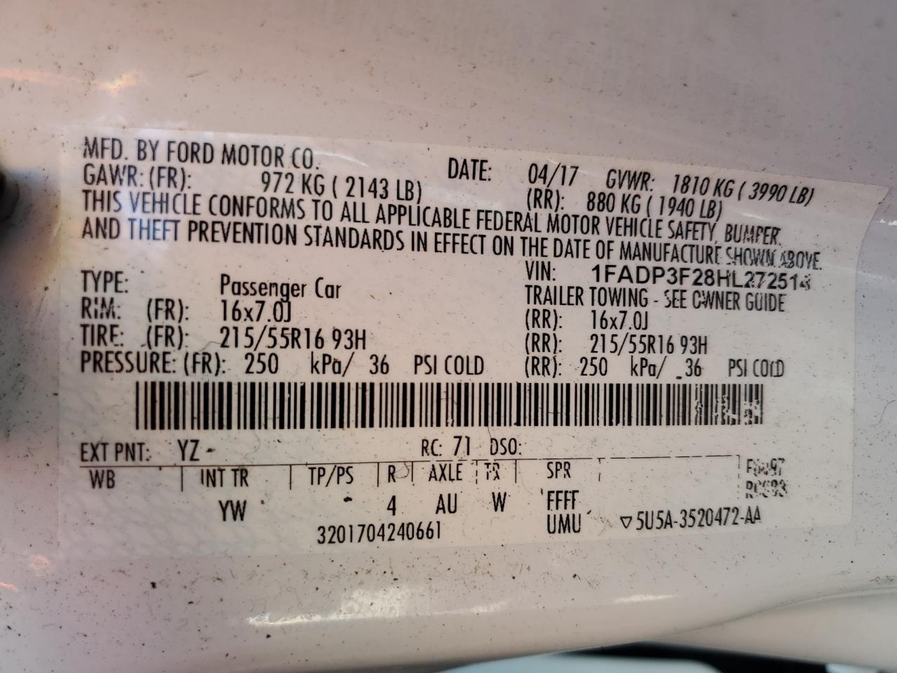 2017 Ford Focus Se VIN: 1FADP3F28HL272514 Lot: 72069595