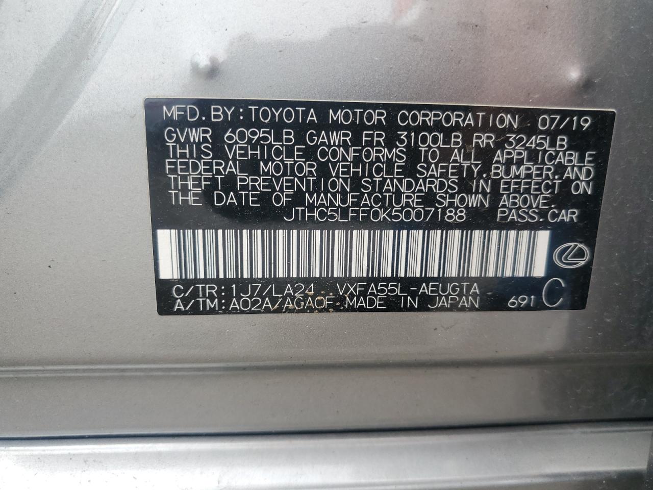 2019 Lexus Ls 500 VIN: JTHC5LFF0K5007188 Lot: 82082585