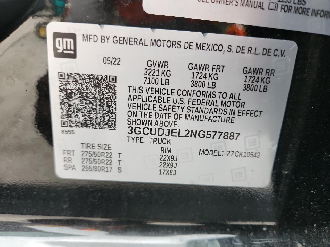 2022 Chevrolet Silverado K1500 High Country VIN: 3GCUDJEL2NG577887 Lot: 82078435