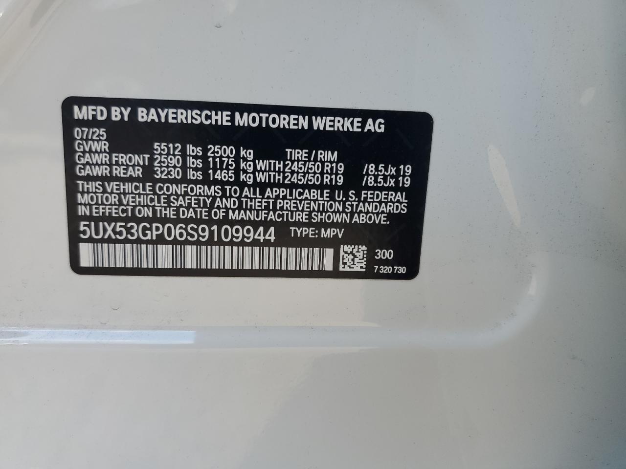 2025 BMW X3 30 xDrive VIN: 5UX53GP06S9109944 Lot: 71323055