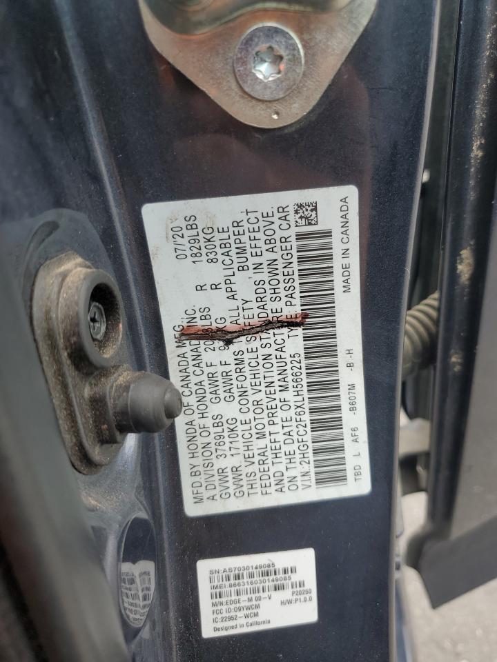 2020 Honda Civic Lx VIN: 2HGFC2F6XLH566225 Lot: 80368795