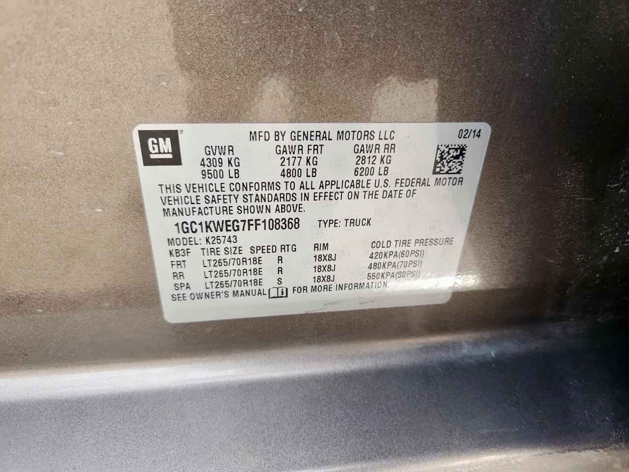 2015 Chevrolet Silverado K2500 Heavy Duty Ltz VIN: 1GC1KWEG7FF108368 Lot: 83869845