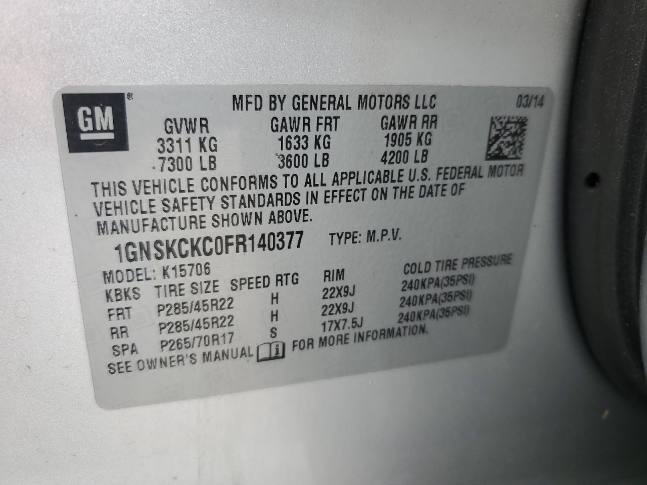 2015 Chevrolet Tahoe K1500 Ltz VIN: 1GNSKCKC0FR140377 Lot: 70575585