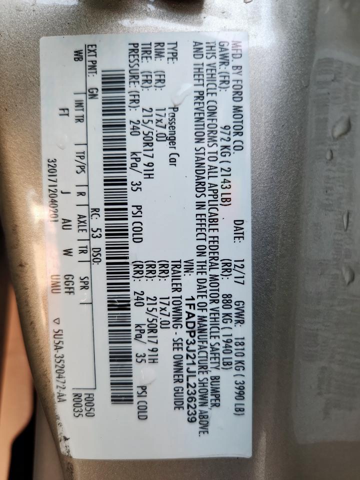 2018 Ford Focus Titanium VIN: 1FADP3J21JL236239 Lot: 83937275