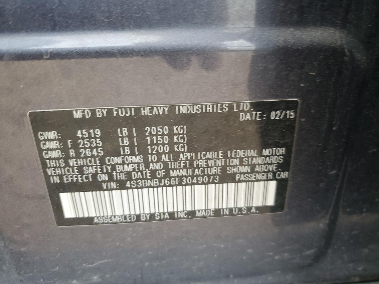 2015 Subaru Legacy 2.5I Limited VIN: 4S3BNBJ66F3049073 Lot: 81325365