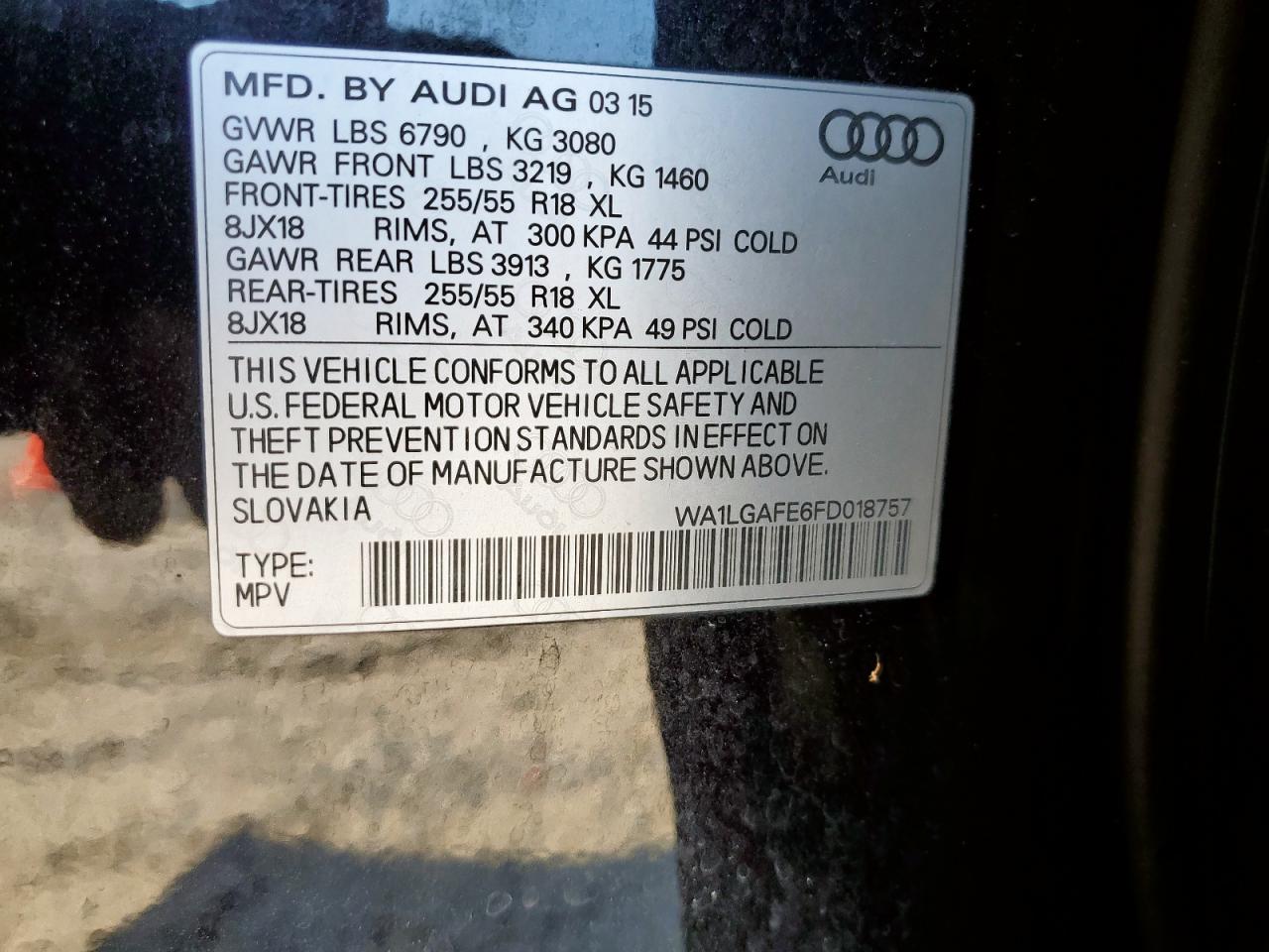 2015 Audi Q7 Premium Plus VIN: WA1LGAFE6FD018757 Lot: 80428135