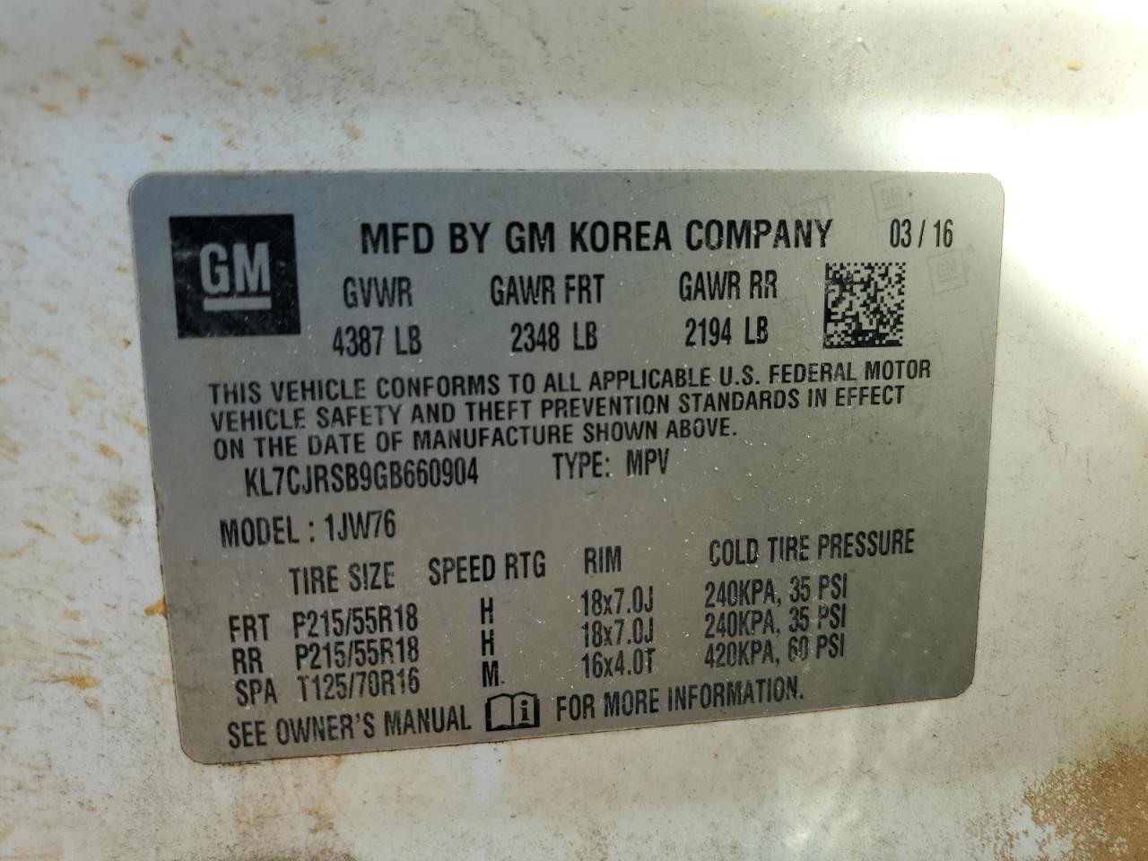 2016 Chevrolet Trax Ltz VIN: KL7CJRSB9GB660904 Lot: 80393795