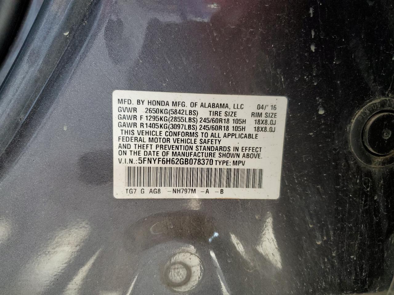 2016 Honda Pilot Exl VIN: 5FNYF6H62GB078370 Lot: 71237055