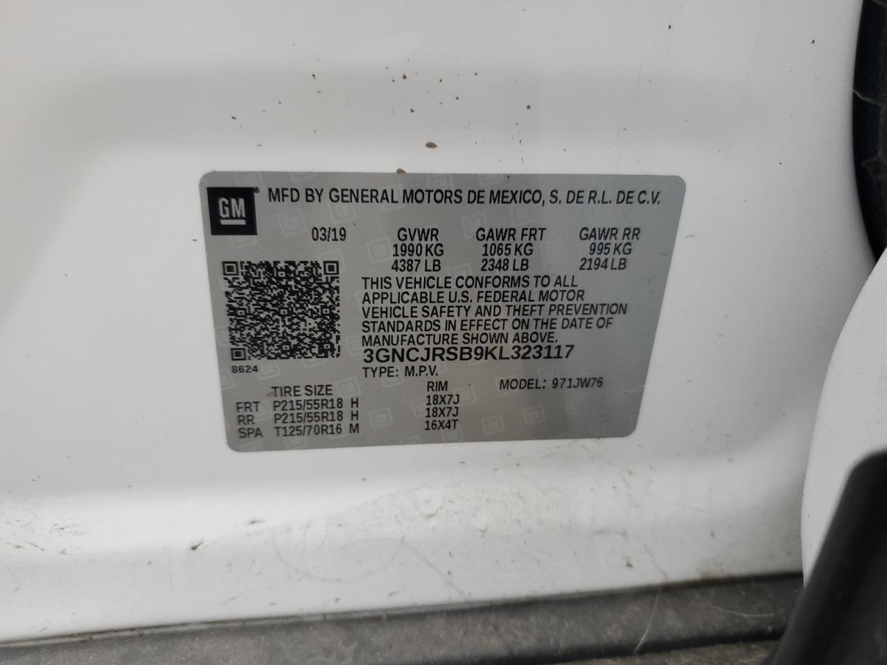 2019 Chevrolet Trax Premier VIN: 3GNCJRSB9KL323117 Lot: 83938225