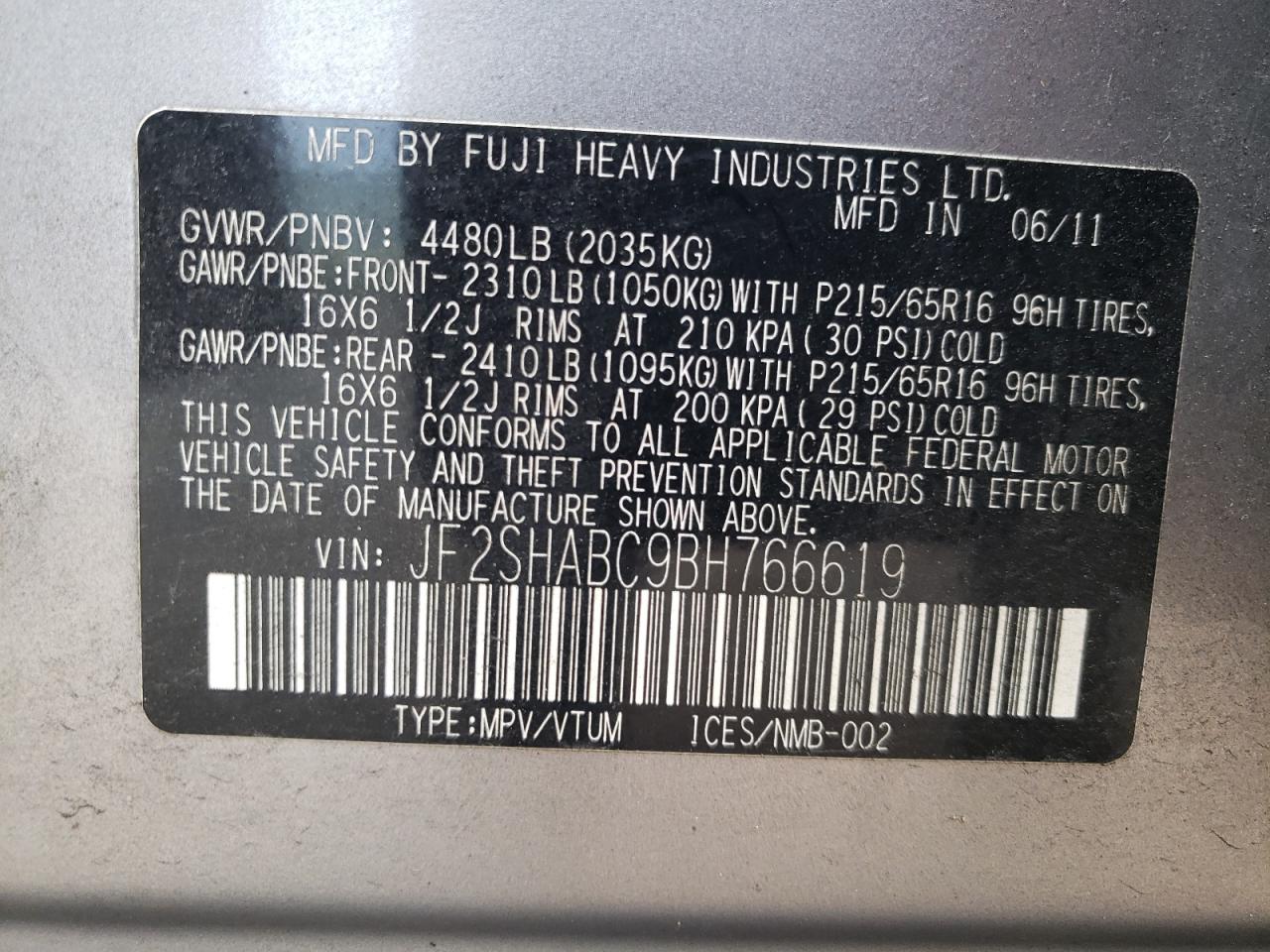 2011 Subaru Forester 2.5X VIN: JF2SHABC9BH766619 Lot: 84403435