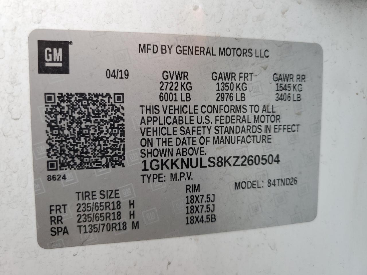 2019 GMC Acadia Slt-1 VIN: 1GKKNULS8KZ260504 Lot: 84431485