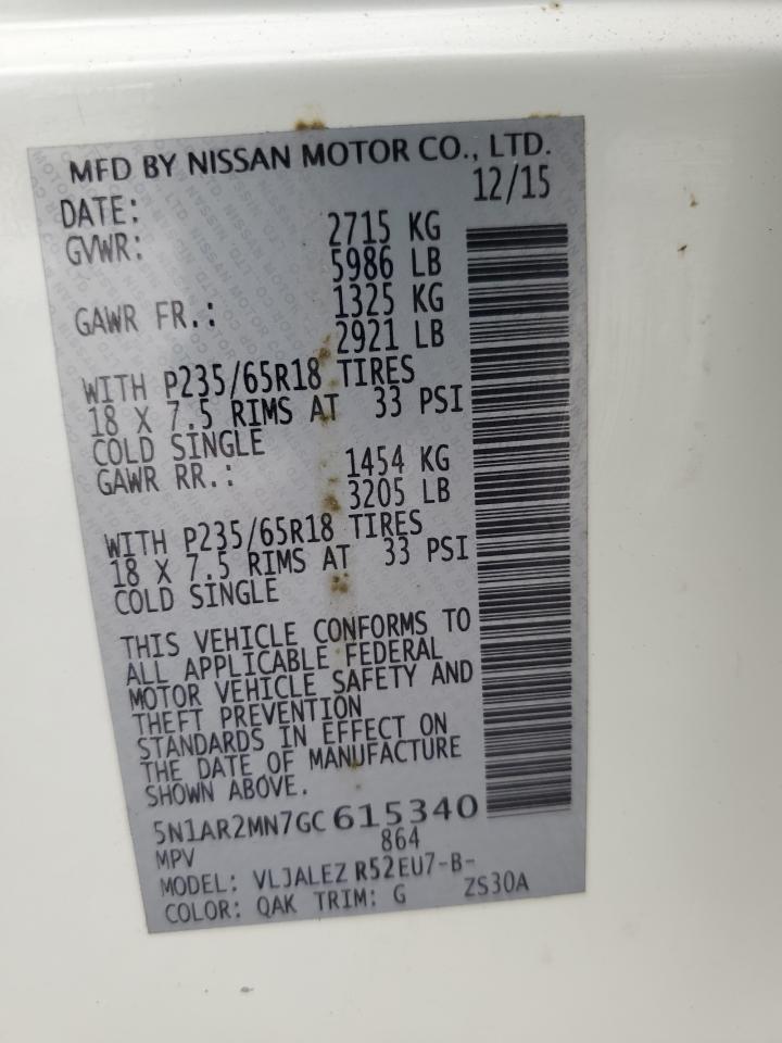 2016 Nissan Pathfinder S VIN: 5N1AR2MN7GC615340 Lot: 82086625