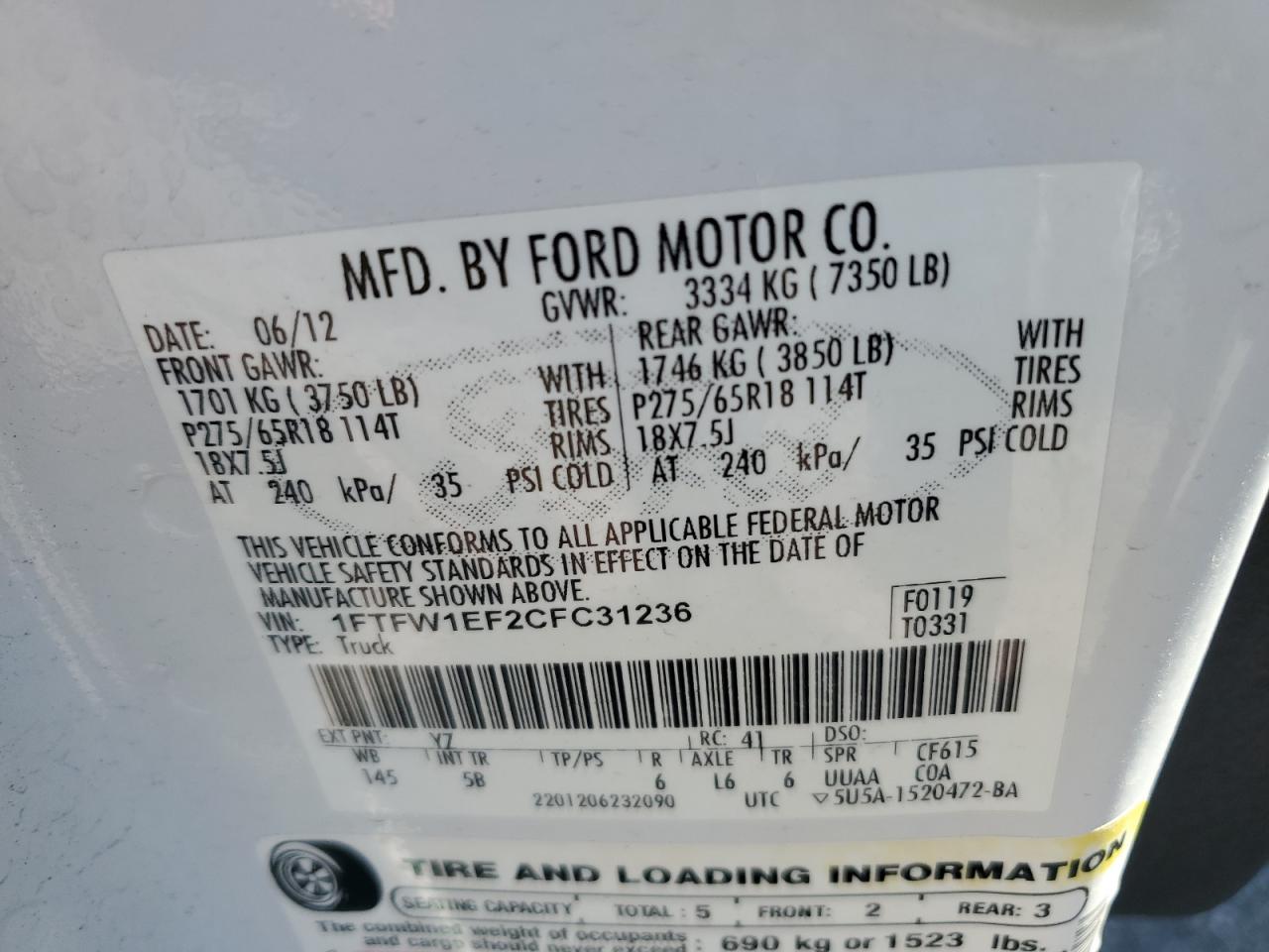 2012 Ford F150 Supercrew VIN: 1FTFW1EF2CFC31236 Lot: 84447775