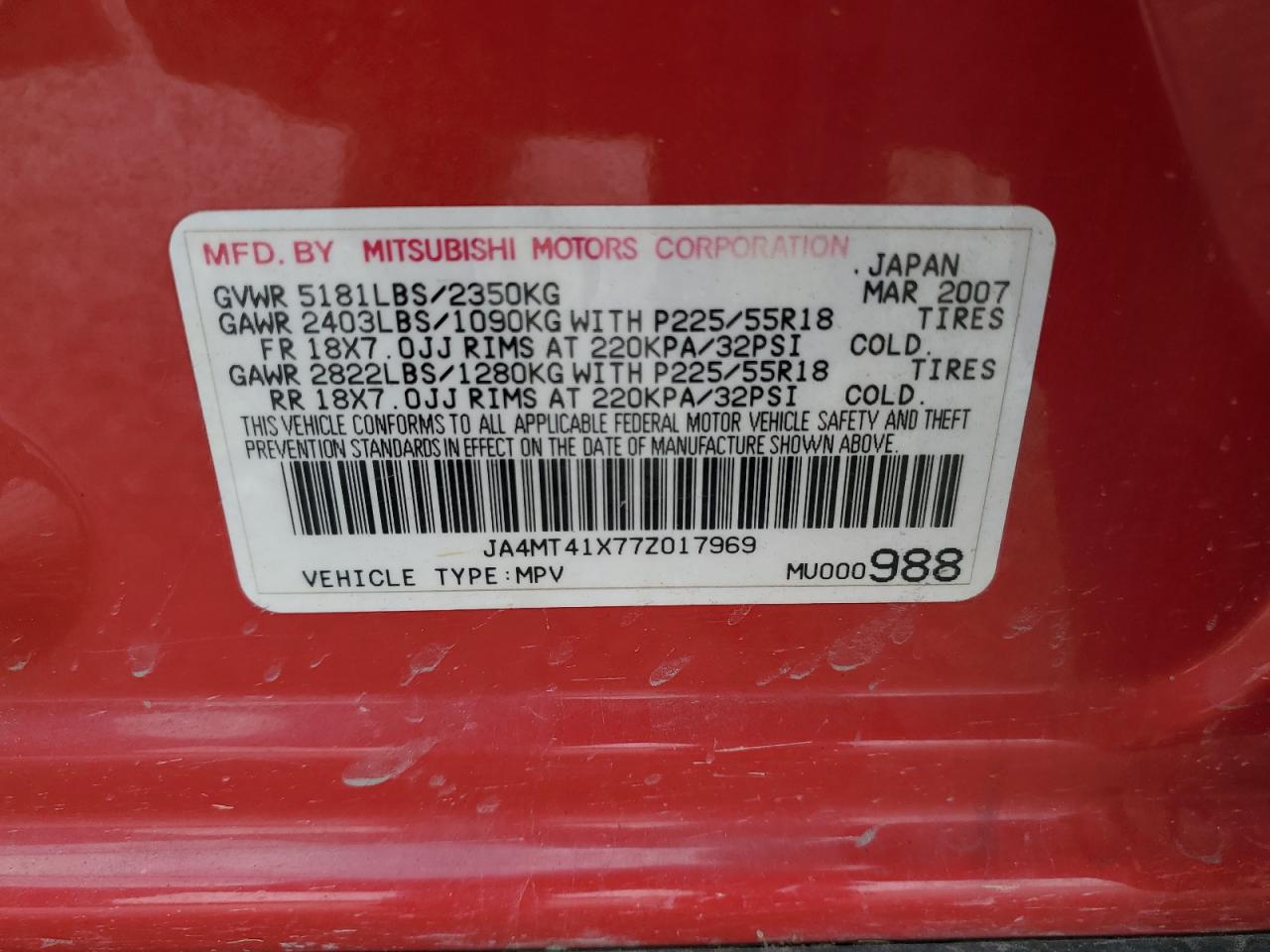 2007 Mitsubishi Outlander Xls VIN: JA4MT41X77Z017969 Lot: 80467155