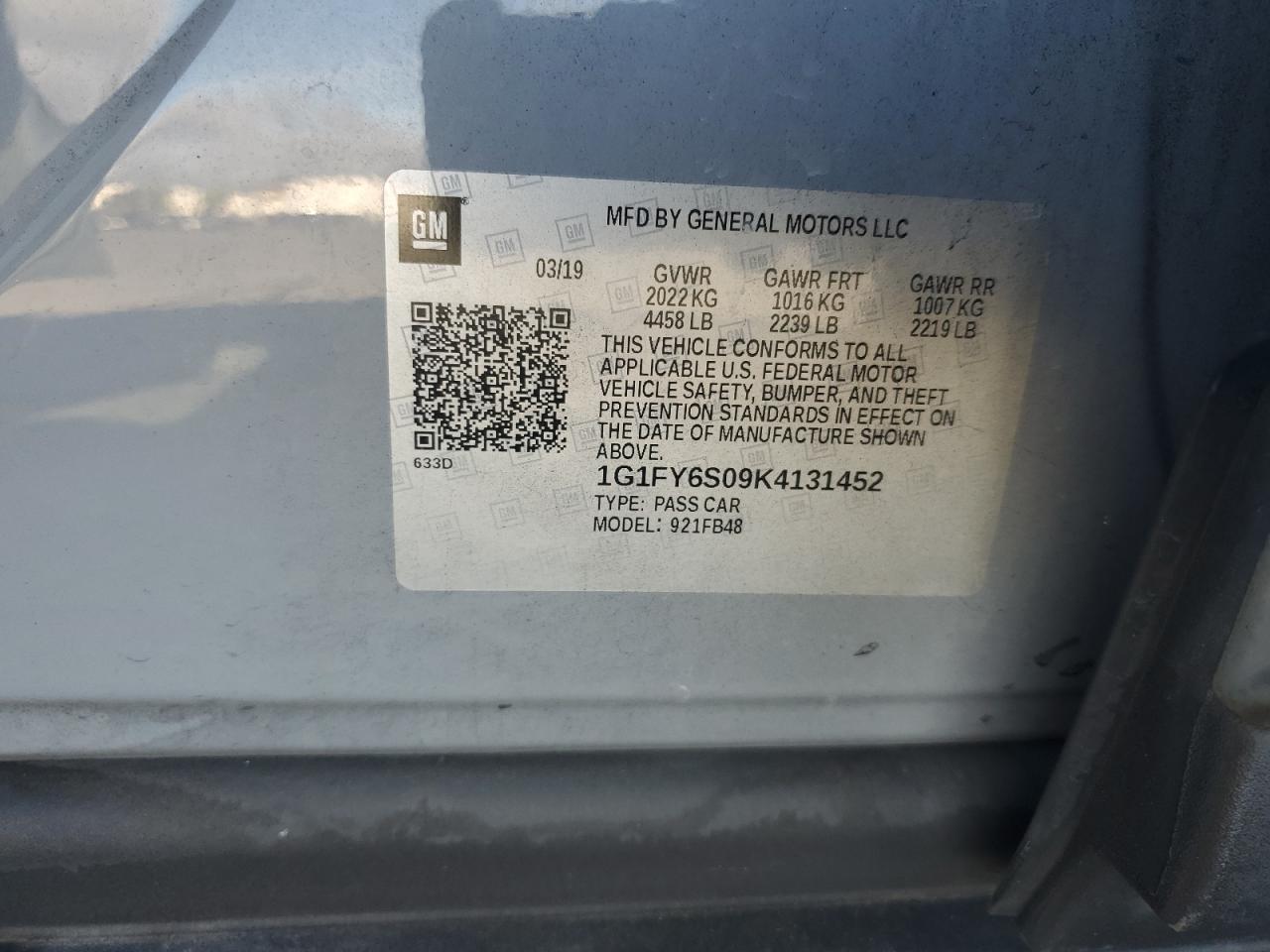 2019 Chevrolet Bolt Ev Lt VIN: 1G1FY6S09K4131452 Lot: 71728695