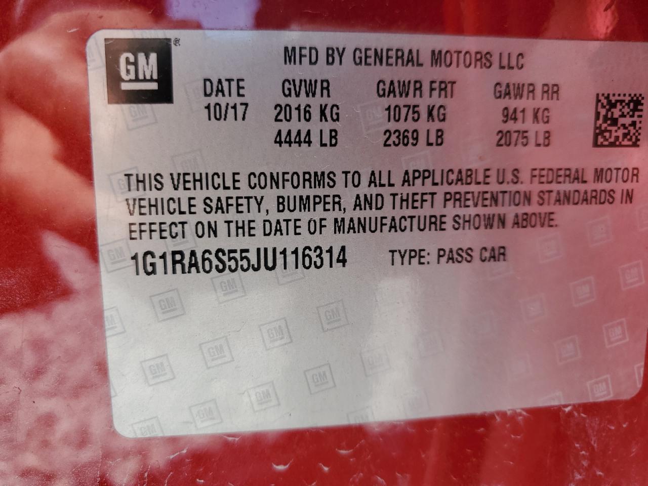 2018 Chevrolet Volt Lt VIN: 1G1RA6S55JU116314 Lot: 70450285
