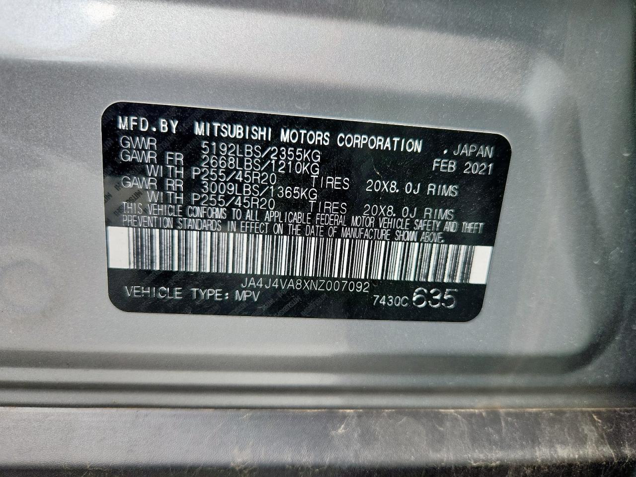 2022 Mitsubishi Outlander Sel VIN: JA4J4VA8XNZ007092 Lot: 80858755