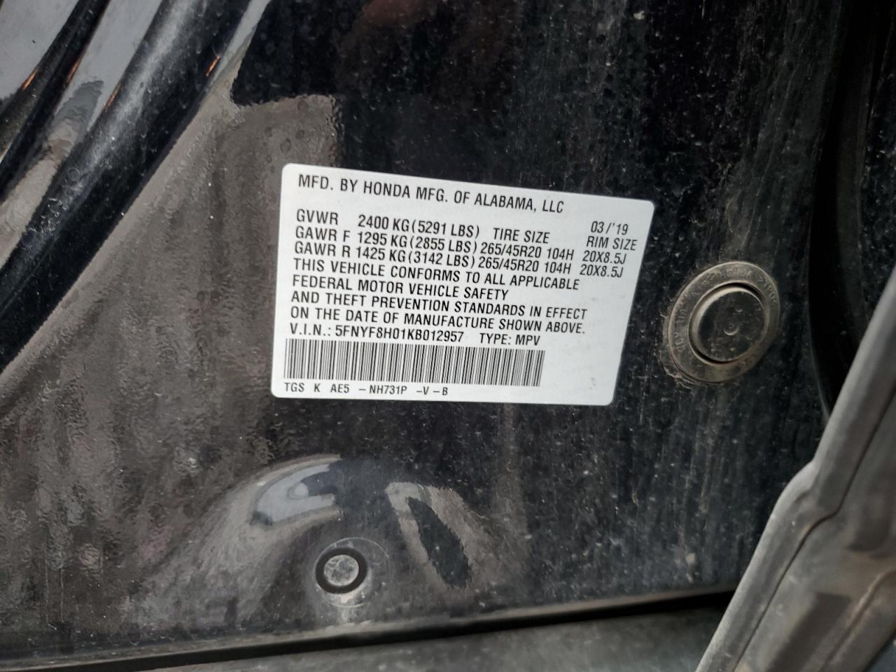 2019 Honda Passport Elite VIN: 5FNYF8H01KB012957 Lot: 82051255