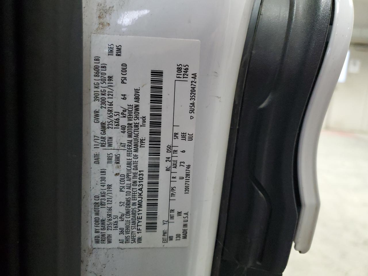 2018 Ford Transit T-150 VIN: 1FTYE1YM0JKA31031 Lot: 83962475