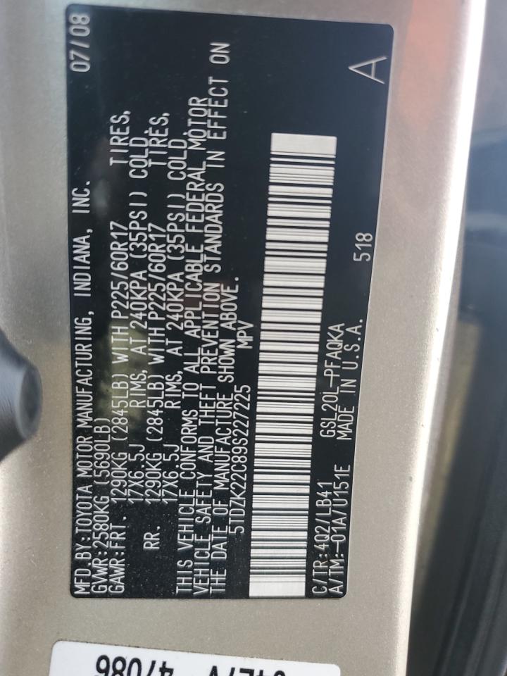 2009 Toyota Sienna Xle VIN: 5TDZK22C89S227225 Lot: 82114405