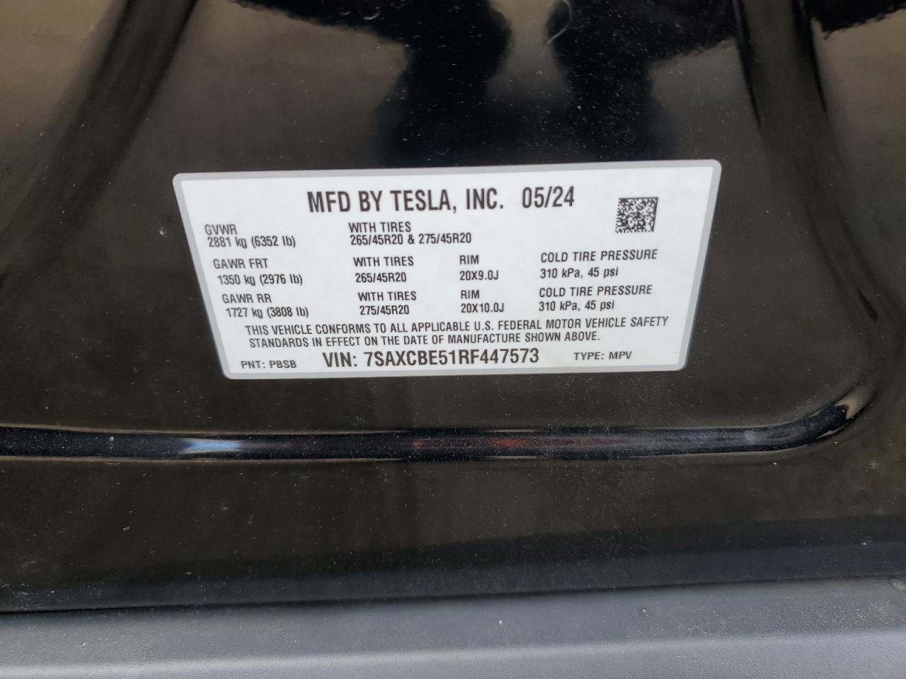 2024 Tesla Model X VIN: 7SAXCBE51RF447573 Lot: 72056275