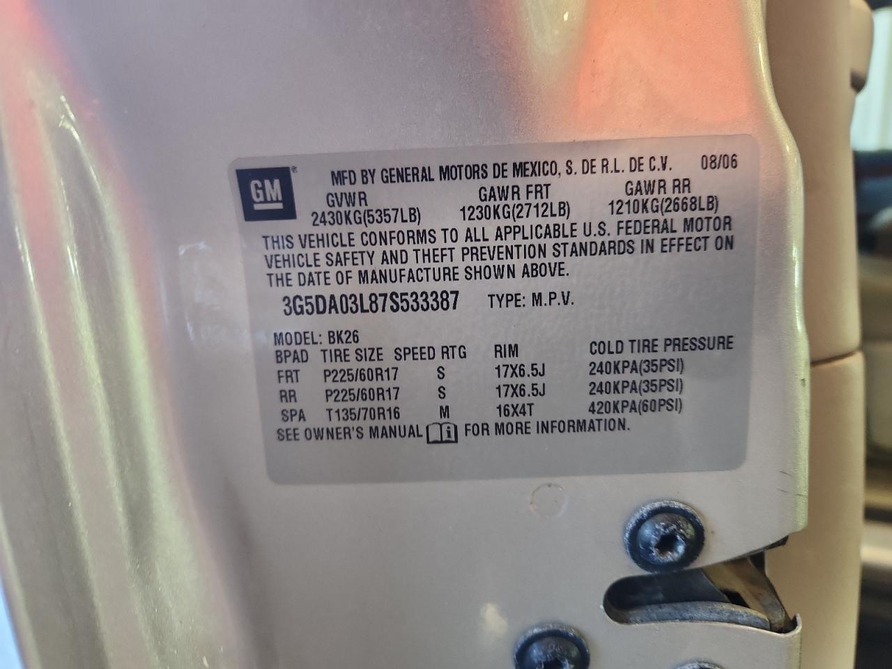 2007 Buick Rendezvous Cx VIN: 3G5DA03L87S533387 Lot: 72011645