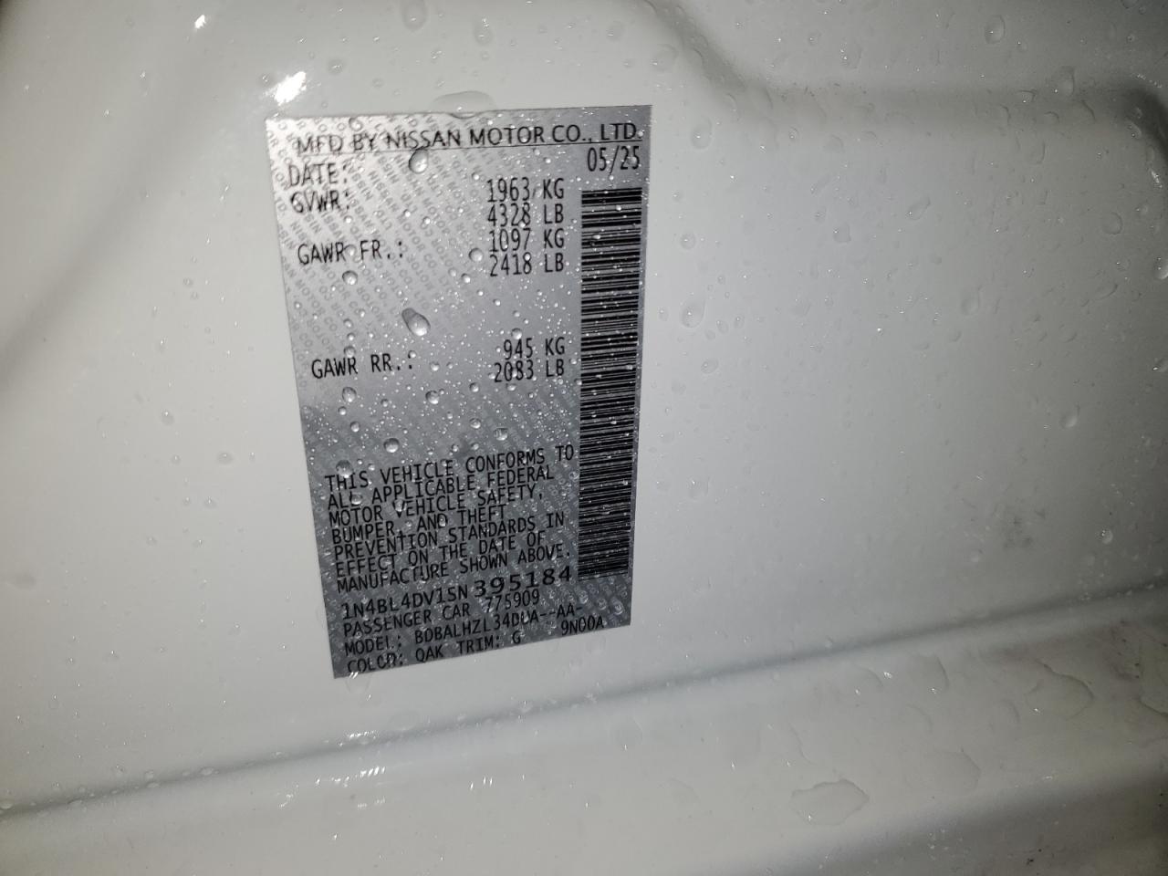 2025 Nissan Altima Sv VIN: 1N4BL4DV1SN395184 Lot: 84054885