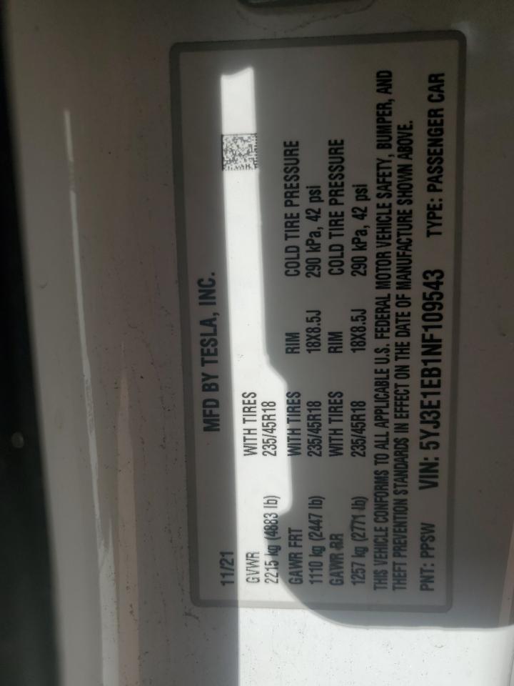 2022 Tesla Model 3 VIN: 5YJ3E1EB1NF109543 Lot: 80318985