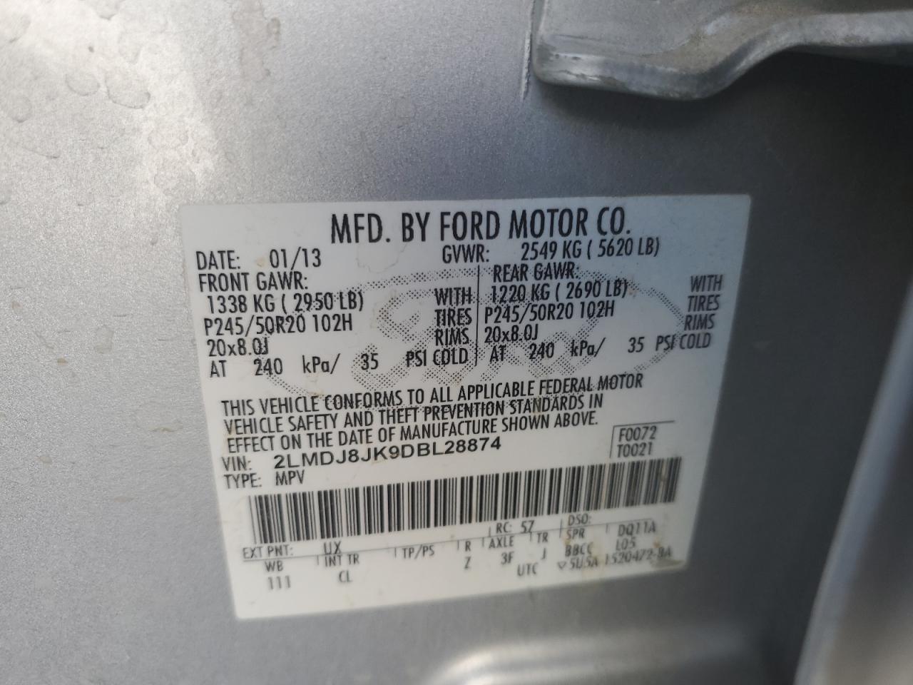 2013 Lincoln Mkx VIN: 2LMDJ8JK9DBL28874 Lot: 71476575