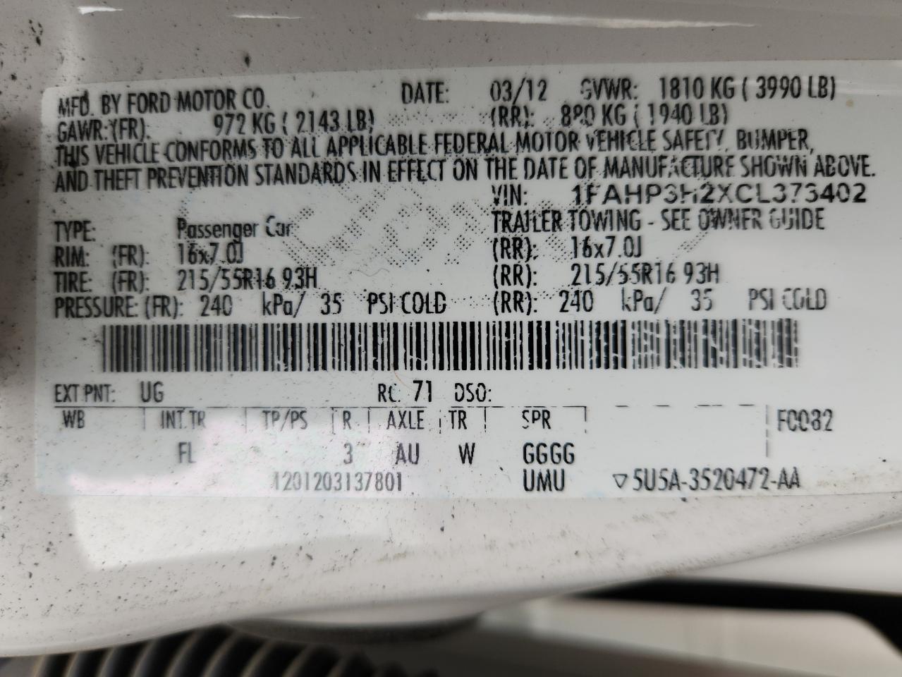 2012 Ford Focus Sel VIN: 1FAHP3H2XCL373402 Lot: 81602315