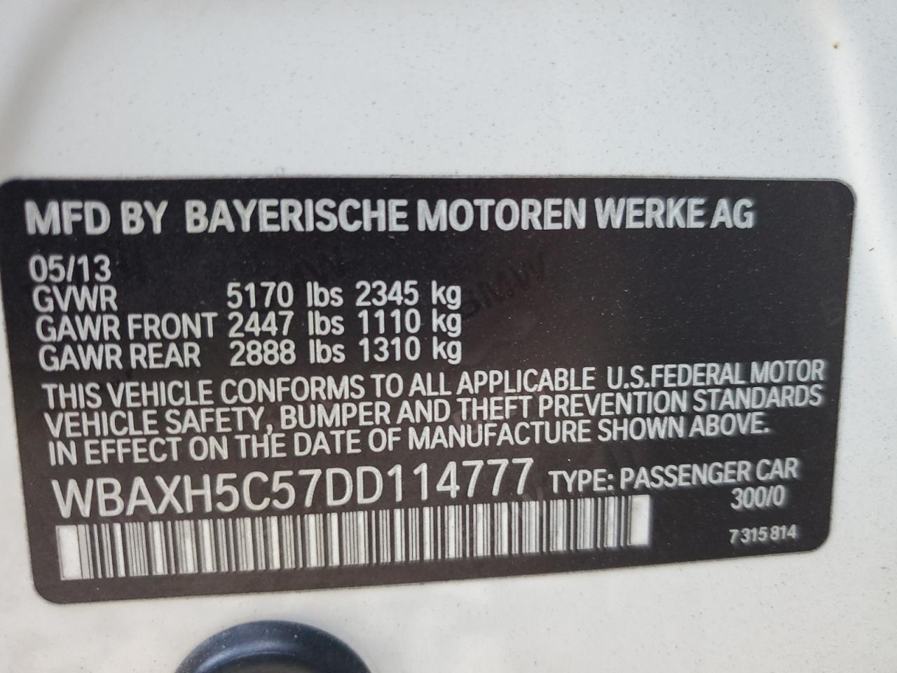 2013 BMW 528 Xi VIN: WBAXH5C57DD114777 Lot: 81220905