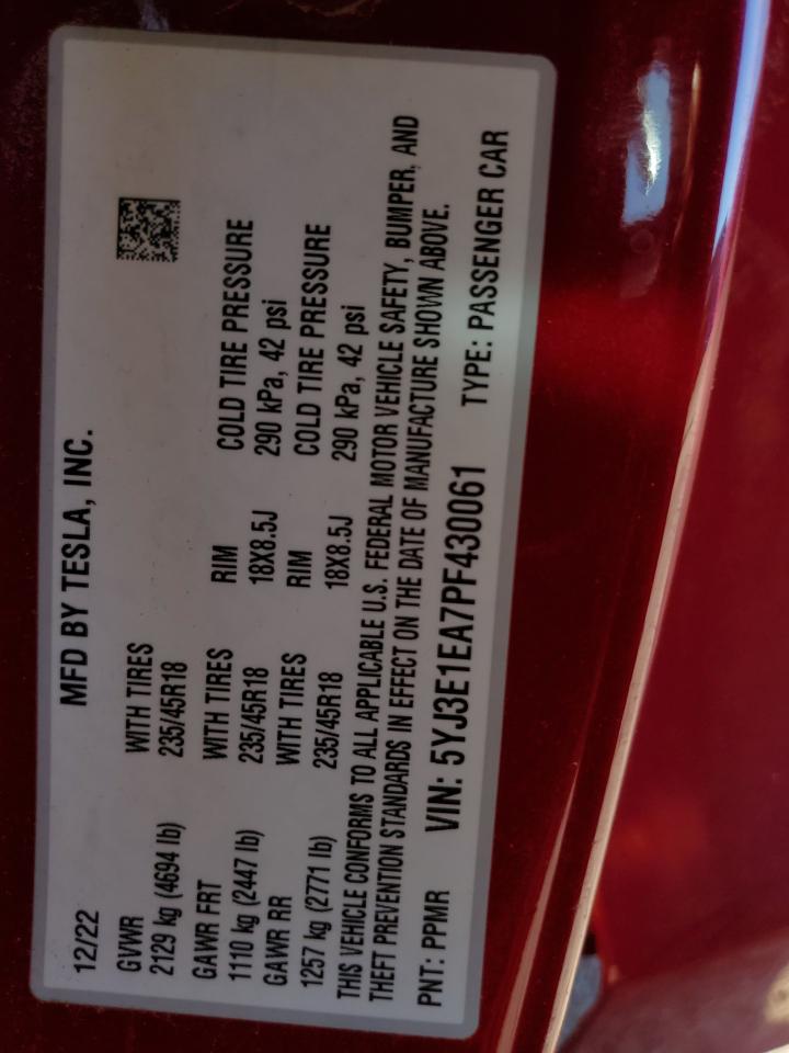 2023 Tesla Model 3 VIN: 5YJ3E1EA7PF430061 Lot: 81796685
