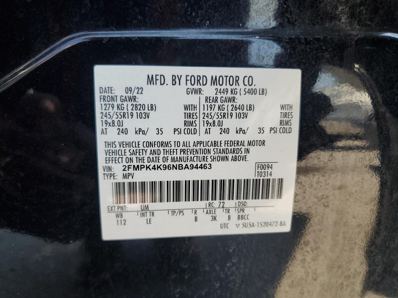 2022 Ford Edge Titanium VIN: 2FMPK4K96NBA94463 Lot: 81567555