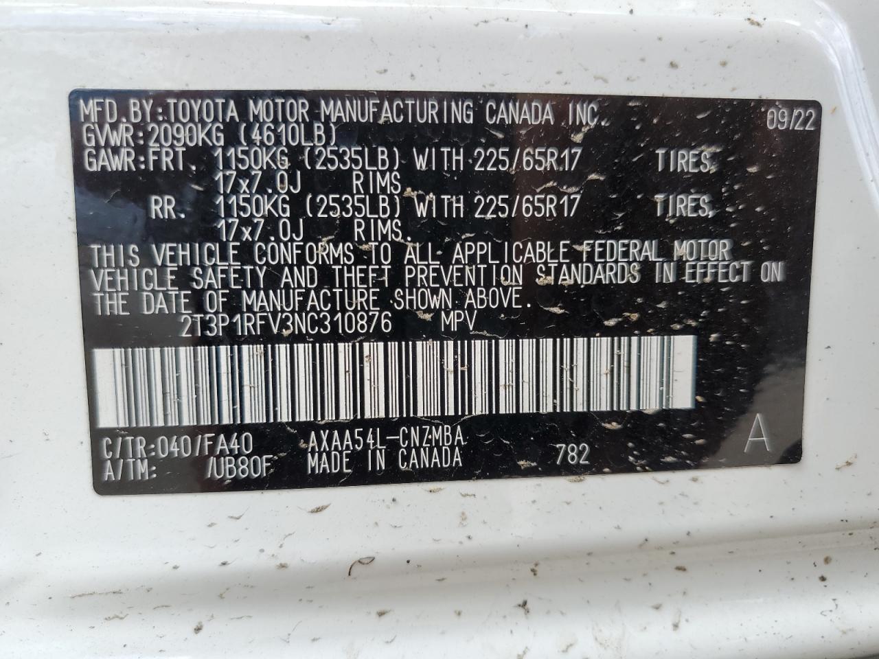 2022 Toyota Rav4 Xle VIN: 2T3P1RFV3NC310876 Lot: 70804025