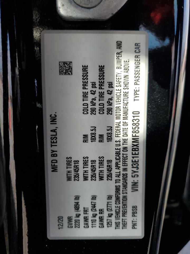 2021 Tesla Model 3 VIN: 5YJ3E1EBXMF858310 Lot: 80662725