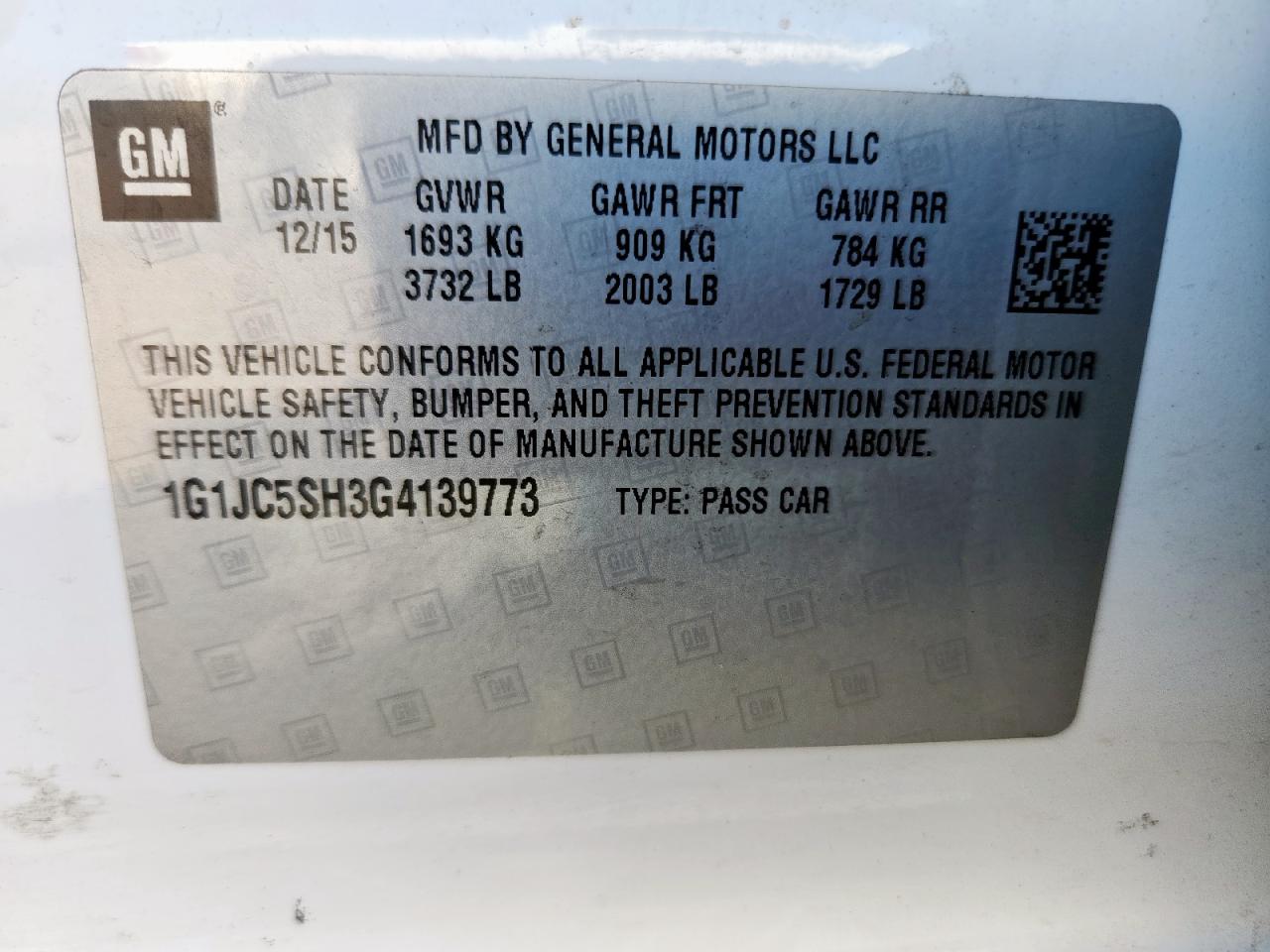 2016 Chevrolet Sonic Lt VIN: 1G1JC5SH3G4139773 Lot: 80097125