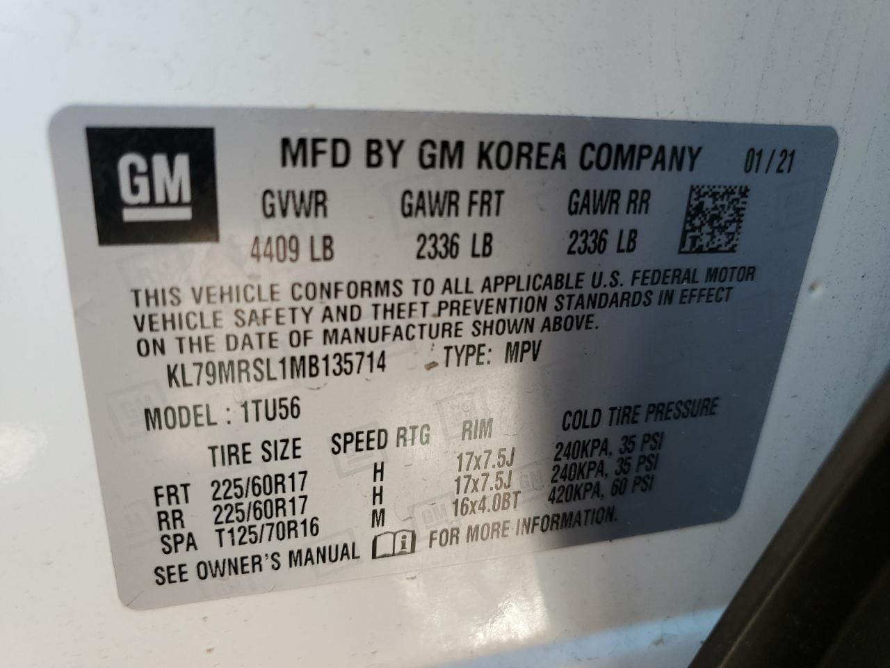 2021 Chevrolet Trailblazer Lt VIN: KL79MRSL1MB135714 Lot: 81801925