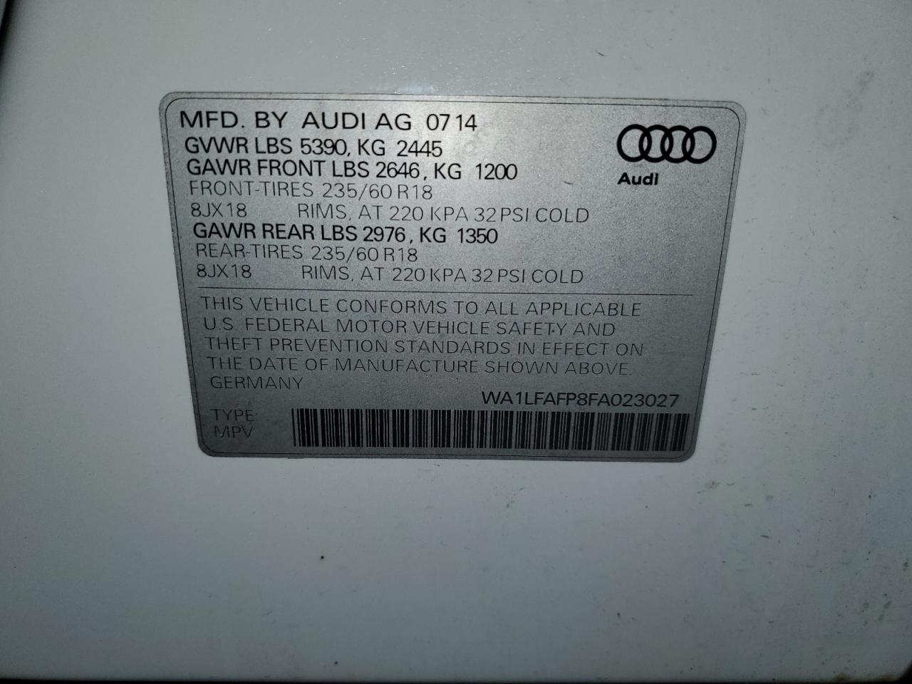 2015 Audi Q5 Premium Plus VIN: WA1LFAFP8FA023027 Lot: 81919575