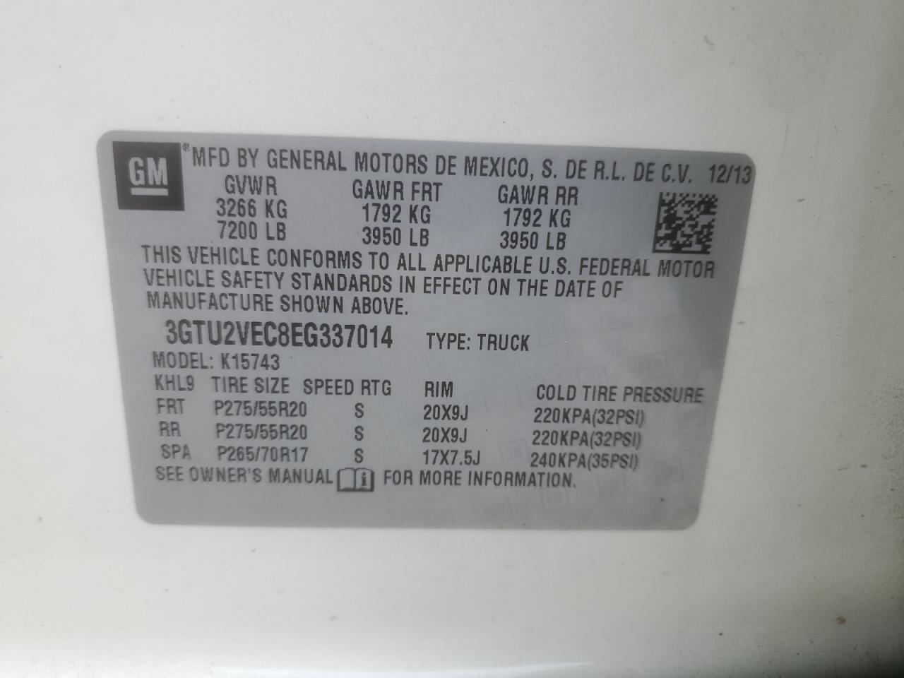 2014 GMC Sierra K1500 Slt VIN: 3GTU2VEC8EG337014 Lot: 81301005