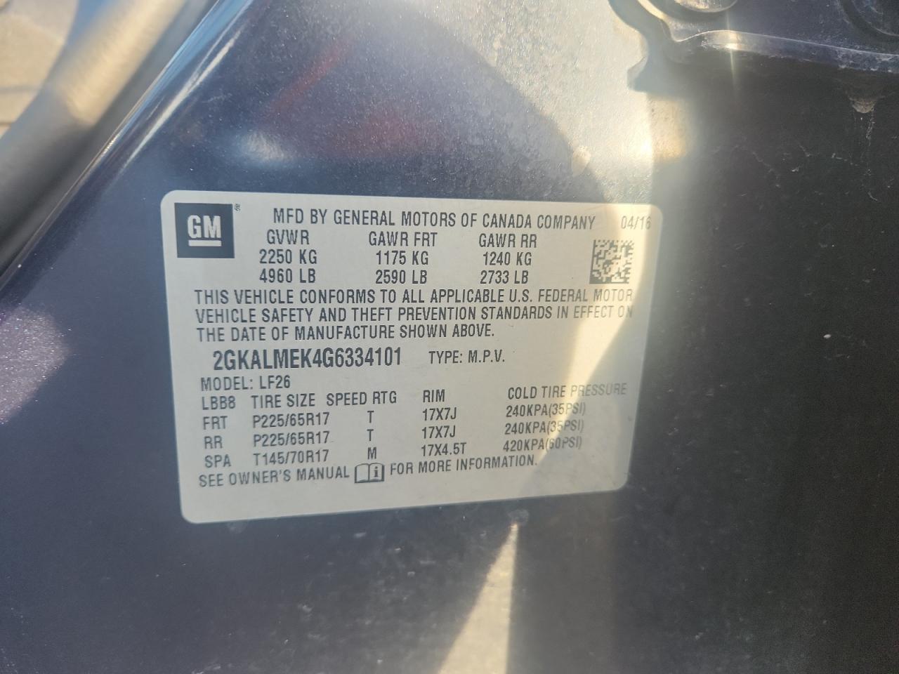 2016 GMC Terrain Sle VIN: 2GKALMEK4G6334101 Lot: 81717215