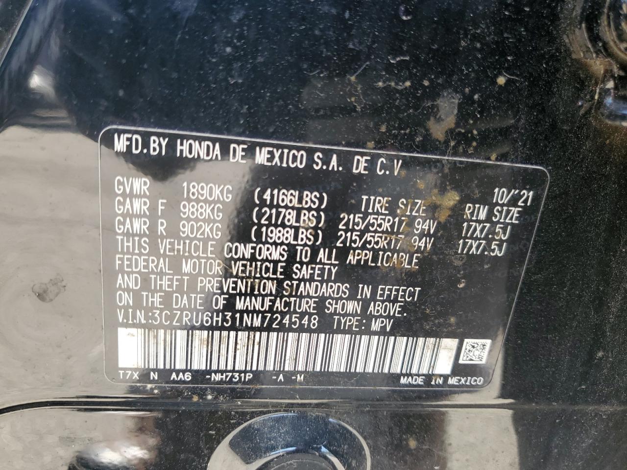 2022 Honda Hr-V Lx VIN: 3CZRU6H31NM724548 Lot: 81377695